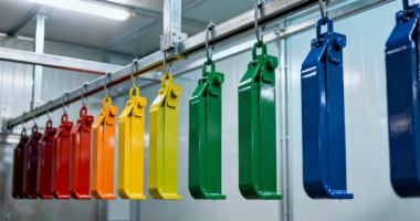 Powder coated metal components in RAL colour finishes leaving the finishing line at Wilco Sheet Metal
